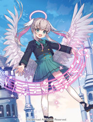 Rule 34 | 1girl, :d, beamed eighth notes, black footwear, black jacket, blue bow, blue skirt, blue sky, bow, cardfight!! vanguard, character request, cloud, collared shirt, commentary request, copyright notice, day, eighth note, feathered wings, green eyes, grey hair, halo, head wings, jacket, long hair, looking at viewer, miyoshino, multicolored hair, musical note, official art, open mouth, outdoors, outstretched arms, pink hair, pleated skirt, quarter note, shirt, shoes, sidelocks, skirt, sky, smile, solo, thighhighs, tower, twintails, two-tone hair, watermark, white shirt, white thighhighs, white wings, wings