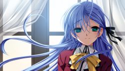 Rule 34 | 1girl, blue eyes, blue hair, blush, game cg, hair ribbon, kashimashi communication, kuroki madoka, long hair, looking at viewer, matching hair/eyes, ribbon, senomoto hisashi, smile, solo, window