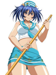 Rule 34 | 00s, 1girl, bare shoulders, bashoku youjou, blue hair, blush, breasts, cleavage, female focus, hair ornament, hat, ikkitousen, large breasts, legs, looking at viewer, midriff, navel, purple eyes, sailor, shiny skin, short twintails, skirt, smile, solo, twintails