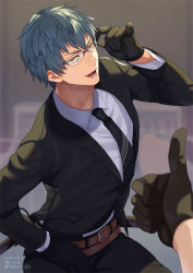 Rule 34 | 1boy, adjusting eyewear, belt, black gloves, black jacket, black necktie, black pants, blue hair, brown belt, collared shirt, commentary request, dated, fate/grand order, fate (series), feet out of frame, formal, glasses, gloves, jacket, katana, long hair, looking at viewer, male focus, necktie, open mouth, out of frame, pants, saitou hajime (fate), scabbard, sheath, shirt, short hair, smile, solo focus, sword, teeth, thumbs up, tomo (damejin), twitter username, weapon, weapon on back, white shirt, yellow eyes