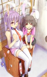 Rule 34 | 2girls, alternate costume, animal ears, box, bracelet, brown hair, casual, contemporary, extra ears, female focus, grin, inaba tewi, jewelry, light purple hair, loafers, long hair, looking at viewer, mossari poteto, multiple girls, necktie, rabbit ears, red eyes, red necktie, reisen udongein inaba, revision, shoes, short hair, simple background, sitting, sleeveless, smile, thighhighs, touhou, very long hair, white legwear, yagokoro, zettai ryouiki