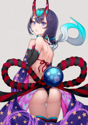 Rule 34 | 1girl, ass, back, bare back, bare shoulders, black legwear, blush, breasts, chinese clothes, detached sleeves, dudou, earrings, eyeliner, fate/grand order, fate (series), forehead jewel, fundoshi, gourd, grey background, headpiece, heart, hip focus, horns, japanese clothes, jewelry, kyoeiki, looking at viewer, looking back, low twintails, makeup, oni, purple eyes, purple hair, rope, sash, short eyebrows, short hair, short twintails, shuten douji (fate), shuten douji (fate/grand order), shuten douji (halloween caster) (fate), simple background, skin-covered horns, solo, star (symbol), star print, thighs, twintails