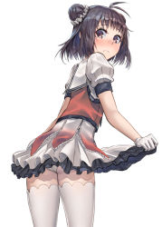 Rule 34 | 1girl, antenna hair, ass, blush, brown eyes, brown hair, clothes lift, double bun, gloves, hair bun, highres, kantai collection, lifted by self, looking at viewer, looking back, naka (kancolle), naka kai ni (kancolle), panties, puffy short sleeves, puffy sleeves, short hair, short sleeves, simple background, skirt, skirt lift, solo, thighhighs, underwear, white background, white gloves, white panties, white skirt, white thighhighs, zombie mogura