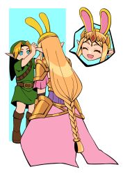 1boy 1girl absurdres armor arms_up blonde_hair blue_eyes boots braid bunny_hood_(zelda) closed_eyes crouching dress earrings fuwafuwallen hat highres hyrule_warriors jewelry link long_hair nintendo open_mouth pointy_ears princess_zelda smile the_legend_of_zelda the_legend_of_zelda:_ocarina_of_time tiara tunic young_link