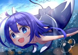 Rule 34 | 1girl, :d, absurdres, ahoge, air bubble, akinakesu-chan, blue eyes, blue hair, blurry, blurry background, bubble, commentary request, commission, day, depth of field, hair between eyes, highres, looking at viewer, mermaid, monster girl, open mouth, original, outdoors, romaji commentary, smile, solo, swimming, underwater, water