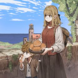 Rule 34 | 1boy, 1girl, ahoge, backpack, bag, blonde hair, bowl, bread, brown eyes, brown hair, building, character request, commentary request, eating, food, hair ribbon, highres, horizon, jewelry, jun (navigavi), key, key necklace, lighthouse, medieval, necklace, ocean, original, ribbon, rock, scenery, shirt, skirt grab, stone wall, tree, wall