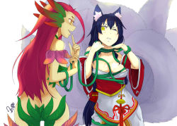 Rule 34 | 2girls, ahri (league of legends), animal ears, bare shoulders, bdsm, bondage, bound, braid, breasts, cleavage, clenched teeth, crotch rope, detached sleeves, fox ears, fox tail, from behind, kuropeach, long hair, miniskirt, monster girl, multiple girls, multiple tails, no panties, plant, plant girl, red hair, single braid, skirt, tail, teeth, tentacles, very long hair, vines, wearing plant, wince, zyra