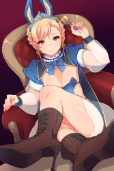 Rule 34 | 1girl, animal ears, bad id, bad pixiv id, boots, bow, braid, chair, covered erect nipples, crossed legs, dart, dutch angle, earrings, eyelashes, flat chest, french braid, gradient background, high heel boots, high heels, highres, holding, inari (inariya), jewelry, knee boots, legs, looking at viewer, pink eyes, rabbit ears, side braid, sitting, smile, solo, tiara