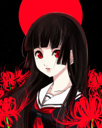 Rule 34 | 1girl, absurdres, black hair, black serafuku, blunt bangs, commentary request, enma ai, flower, highres, hime cut, jigoku shoujo, jonasan (bad-t), long hair, looking at viewer, moon, neckerchief, one-hour drawing challenge, open mouth, red eyes, red flower, red moon, red neckerchief, school uniform, serafuku, solo, upper body