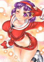 Rule 34 | 1girl, ;), arm up, artist name, asamiya athena, ass, at classics, belt, blush, breasts, cleavage, closed mouth, covered erect nipples, earrings, fingerless gloves, gloves, hairband, jewelry, large breasts, legs, long sleeves, looking at viewer, one eye closed, psycho soldier, purple eyes, purple hair, red gloves, red shorts, sample watermark, shoes, short hair, shorts, smile, snk, solo, the king of fighters, the king of fighters &#039;99, traditional media, v over eye, watermark