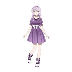 Rule 34 | 1girl, ahoge, bow, closed mouth, collarbone, dress, full body, hair between eyes, hair intakes, highres, looking at viewer, official art, purple dress, purple hair, red eyes, ribbon, short dress, short hair with long locks, short sleeves, sidelocks, smile, solo, standing, standing on one leg, strea (sao), sundress, sword art online, transparent background, white bow, white ribbon