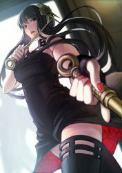 Rule 34 | 1girl, absurdres, backlighting, black dress, black hair, black thighhighs, blurry, blush, boots, breasts, commentary, cowboy shot, dagger, depth of field, dress, flower, foreshortening, from below, futaba fuu, gold, hair flower, hair ornament, hair stick, hairband, highres, holding, holding dagger, holding knife, holding weapon, knife, long hair, looking at viewer, medium breasts, nail polish, off-shoulder dress, off shoulder, open mouth, red eyes, red nails, signature, sleeveless, sleeveless dress, solo, spy x family, tareme, thigh boots, thighhighs, thighs, two-sided dress, two-sided fabric, weapon, yor briar