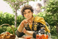 Rule 34 | 1boy, artist name, basket, brown hair, bush, cape, castle, claude von riegan, commentary request, cup, dated, earrings, fire emblem, fire emblem: three houses, garreg mach monastery uniform, glass, jewelry, leaf, looking at viewer, male focus, nintendo, on chair, outdoors, parted lips, sawaponu3, short hair, sitting, smile, solo, sunlight, teacup, teeth, yellow cape