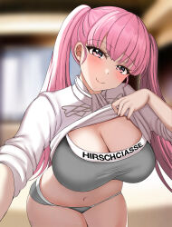 Rule 34 | 1girl, absurdres, blurry, blurry background, blush, bra, breasts, cleavage, closed mouth, clothes lift, fire emblem, fire emblem: three houses, grey bra, grey panties, highres, hilda valentine goneril, large breasts, leaning forward, lifting own clothes, long hair, long sleeves, looking at viewer, nintendo, panties, pink eyes, pink hair, shirt, shirt lift, smile, solo, tara (szzj7733), turtleneck, twintails, underwear, very long hair, white shirt