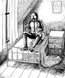 Rule 34 | 1boy, bed, chest of drawers, curtains, greyscale, highres, kamen rider, kamen rider (1st series), kamen rider 1, kimleon, looking at self, male focus, monochrome, parody, picture frame, scarf, solo, the metamorphosis, window