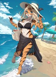 Rule 34 | 1girl, :d, adjusting clothes, adjusting headwear, animal ears, bag, bare legs, barefoot, beach, beach umbrella, bikini, black bikini, black skirt, blue eyes, blue sky, blush, bottle, breasts, cloud, cloudy sky, commission, day, etivka, fang, female focus, furry, furry female, hat, highres, jewelry, large breasts, long hair, navel, necklace, ocean, open mouth, original, outdoors, palm tree, skirt, sky, smile, solo, standing, standing on one leg, stomach, striped fur, swimsuit, table, tail, tiger ears, tiger girl, tiger tail, tree, umbrella, water, water bottle, white hair, white hat