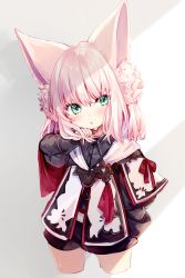 Rule 34 | 1girl, animal ears, black shirt, black shorts, blush, capelet, collared shirt, commentary request, cropped legs, dress shirt, final fantasy, final fantasy xiv, green eyes, hair between eyes, hand up, head tilt, highres, lalafell, looking at viewer, parted lips, pink hair, shirt, short shorts, shorts, solo, standing, white capelet, yuya (night lily)