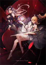 Rule 34 | 2girls, artoria pendragon (all), artoria pendragon (fate), bare legs, bare shoulders, barefoot, black bow, black dress, black thighhighs, blonde hair, border, bow, breasts, caliburn (fate), chain, cleavage, clothing cutout, detached collar, detached sleeves, dress, fate/grand order, fate (series), floating, floating hair, fly tutu, gauntlets, green eyes, headpiece, highres, jeanne d&#039;arc (fate), jeanne d&#039;arc (ruler) (fate), jeanne d&#039;arc alter (avenger) (fate), jeanne d&#039;arc alter (avenger) (third ascension) (fate), jeanne d&#039;arc alter (fate), legs, long hair, looking at another, magic, medium breasts, multiple girls, navel cutout, no bra, no panties, ponytail, saber (fate), saber lily, silver hair, strapless, strapless dress, thighhighs, white dress, yellow eyes