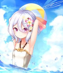 Rule 34 | 1girl, absurdres, armpits, arms up, bad id, bad pixiv id, ball, beachball, cloud, flower, hair flower, hair ornament, highres, kokkoro (princess connect!), kokkoro (summer) (princess connect!), mannack, one-piece swimsuit, outdoors, partially submerged, pink eyes, princess connect!, short hair, silver hair, sky, smile, solo, split mouth, swimsuit, water, white one-piece swimsuit