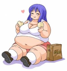 Rule 34 | 1girl, belly stuffing, breasts, cleavage, eating, closed eyes, fat, full body, happy, large breasts, long hair, purple hair, sitting, smile, solo, tagme