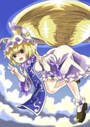 Rule 34 | &gt;:o, 1girl, :o, animal hat, blonde hair, double v, flying, frilled skirt, frilled sleeves, frilled socks, frills, full body, hands up, hat, houshiruri, looking at viewer, medium skirt, mob cap, motion blur, multiple tails, open mouth, parody, mob cap, shirt, shoes, short hair, skirt, socks, solo, sonic (series), tabard, tail, touhou, v, v-shaped eyebrows, white skirt, wide sleeves, yakumo ran, yellow eyes