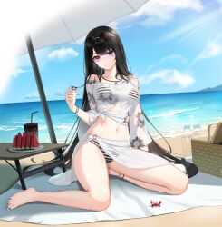 Rule 34 | 1girl, anklet, arm support, bai winchester, bare legs, barefoot, beach, beach umbrella, bikini, black hair, blanket, blue nails, blue sky, bottle, bracelet, breasts, closers, cloud, crab, cropped shirt, cup, drink, drinking straw, dutch angle, eyewear on head, floral print, food, fruit, full body, hand up, heterochromia, highres, holding, holding own hair, jewelry, long hair, looking at viewer, medium breasts, nail polish, navel, necklace, o-ring, o-ring bikini, ocean, off shoulder, official art, on ground, picnic basket, pink eyes, plate, purple eyes, round eyewear, sarong, see-through, see-through sarong, see-through shirt, seiza, shirt, sitting, sky, smile, solo, stomach, striped bikini, striped clothes, sunglasses, sunlight, swimsuit, table, tied shirt, umbrella, very long hair, water bottle, watermelon, watermelon slice, white sarong, white shirt