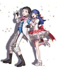 Rule 34 | 1boy, 1girl, :d, blue hair, blue vest, boots, brown footwear, brown hair, capri pants, clenched hand, commentary request, creatures (company), dawn (pokemon), eyelashes, frills, game freak, gloves, grey asa, grey eyes, hand on another&#039;s shoulder, high heels, highres, leg up, long hair, looking at viewer, lucas (pokemon), nintendo, open mouth, pants, pokemon, pokemon bdsp, shirt, short hair, smile, standing, standing on one leg, teeth, tongue, upper teeth only, v, vest, white footwear, white pants