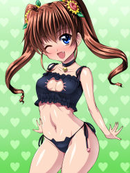 Rule 34 | 1girl, ;d, bell, blue eyes, brown hair, cat cutout, cat ear panties, cat lingerie, cleavage cutout, clothing cutout, fang, heart, heart background, jingle bell, long hair, meme attire, navel, nogizaka haruka no himitsu, nogizaka mika, one eye closed, open mouth, panties, sen (sansui), side-tie panties, smile, solo, twintails, underwear, underwear only
