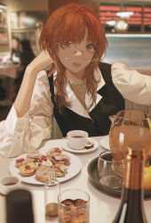 Rule 34 | 1girl, alcohol, black vest, blurry, blurry background, commentary, cup, drinking glass, food request, glasses, highres, indoors, jewelry, lip piercing, long hair, long sleeves, looking at viewer, necklace, original, parted lips, piercing, pitcher (container), plate, red eyes, red hair, restaurant, round eyewear, saucer, shirt, solo focus, table, teacup, vest, wang-xi, white shirt