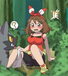 Rule 34 | 10s, blush, creatures (company), forest, game freak, gen 3 pokemon, may (pokemon), nature, nintendo, peeing, pokemon, pokemon (creature), pokemon oras, poochyena, tagme