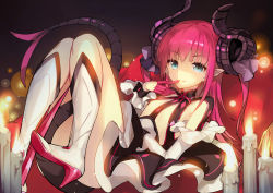 Rule 34 | 10s, 1girl, blue eyes, boots, candle, closed mouth, detached sleeves, elizabeth bathory (fate), elizabeth bathory (fate/extra ccc), fate/extra, fate/extra ccc, fate (series), finger to mouth, flat chest, frilled sleeves, frills, gin (oyoyo), hand up, high heel boots, high heels, horns, knee boots, long hair, looking at viewer, lying, on back, pointy ears, purple hair, revealing clothes, sidelocks, smile, solo, tail, thighs, two side up