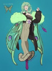 Rule 34 | 1girl, aburage (motimotigg20), aqua background, black coat, breasts, bug, cleavage, coat, dress, full body, fur trim, green dress, green hair, grey eyes, hand up, highres, bug, jewelry, long hair, long sleeves, looking at viewer, medium breasts, moth, nail polish, necklace, open mouth, original, personification, purple nails, signature, simple background, solo, standing