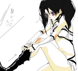 Rule 34 | 1girl, arrancar, black hair, bleach, boots, dressing, loly aivirrne, long hair, midriff, mouth hold, purple eyes, sleeveless, solo, sweatdrop, thighs, twintails, youda