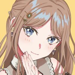 Rule 34 | 1girl, bang dream!, bang dream! it&#039;s mygo!!!!!, blue eyes, blush, brown hair, closed mouth, commentary, earrings, hair ornament, hairclip, hands up, highres, jewelry, long hair, nagasaki soyo, nisaka (nini2plus), own hands together, simple background, smile, solo, yellow background