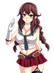 Rule 34 | 10s, 1girl, black thighhighs, blush, breasts, brown hair, cleavage, covered erect nipples, garter straps, gloves, green eyes, kantai collection, large breasts, long hair, midriff, navel, necktie, nishida megane, noshiro (kancolle), pleated skirt, ponytail, salute, school uniform, serafuku, simple background, single thighhigh, skirt, smile, solo, thighhighs, white background, white gloves