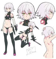 Rule 34 | 1girl, arm belt, ass, back, bandaged arm, bandages, black panties, black thighhighs, boots, breasts, bustier, character sheet, curvy, dagger, dated, dual wielding, expressionless, facial scar, fate/apocrypha, fate/grand order, fate (series), female focus, gloves, green eyes, hair between eyes, holding, jack the ripper (fate/apocrypha), jumping, knife, looking at viewer, lowleg, lowleg panties, multiple views, navel, nude, panties, purple footwear, scar, scar across eye, scar on cheek, scar on face, seamed legwear, serious, shiny skin, shoulder tattoo, sideboob, single glove, small breasts, standing, stomach, tattoo, thigh boots, thighhighs, thong, turtleneck, underbust, underwear, weapon, werkbau, white background, white hair