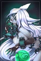 Rule 34 | 1girl, 2021, :q, absurdres, ahri (league of legends), artist name, ball, black blindfold, blindfold, breasts, broken, broken chain, chain, collar, cum, cum on body, cum on breasts, cum on upper body, facial, from side, green background, hand up, highres, large breasts, league of legends, licking lips, long hair, metal collar, nipples, ruined (league of legends), shiny skin, signature, solo, tongue, tongue out, upper body, velvet queen h, white hair