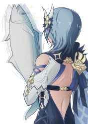 Rule 34 | 1girl, bare back, belt, blue hair, cape, commentary request, eula (genshin impact), fish, from behind, genshin impact, hair ornament, highres, long hair, long sleeves, mon-chan, motion lines, sidelocks, simple background, sparkle, tuna, white background