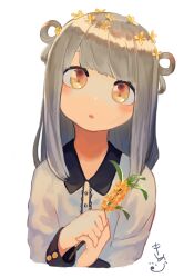 Rule 34 | 1girl, :o, flower, grey hair, hair flower, hair ornament, hair rings, head tilt, holding, holding flower, looking at viewer, medium hair, milimilihosi, original, osmanthus, signature, simple background, solo, two side up, upper body, white background, yellow eyes