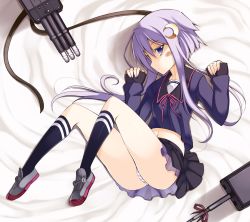 Rule 34 | 10s, 1girl, black thighhighs, blue eyes, blush, crescent, crescent hair ornament, from above, hair ornament, kantai collection, long hair, long sleeves, looking at viewer, lying, midriff, navel, ohta yuichi, on side, panties, pantyshot, personification, purple hair, school uniform, short hair with long locks, skirt, solo, striped clothes, striped panties, thighhighs, underwear, upskirt, yayoi (kancolle)
