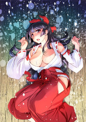 Rule 34 | 1girl, :o, absurdres, arms up, black hair, blunt bangs, blunt ends, blush, breasts, cleavage, collarbone, detached sleeves, feet out of frame, hair ribbon, hakama, hakama short skirt, hakama skirt, highres, japanese clothes, large breasts, long hair, looking at viewer, lying, miko, on back, open clothes, open mouth, open shirt, original, paint splatter, purple eyes, raymon, red hakama, ribbon, shirt, sidelocks, skirt, solo, white shirt, wooden floor