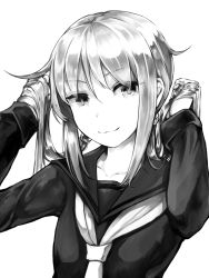 Rule 34 | 1girl, :3, bunching hair, greyscale, hair between eyes, holding, holding hair, kantai collection, kurou (bcrow), long hair, long sleeves, looking at viewer, low twintails, monochrome, neckerchief, sailor collar, satsuki (kancolle), school uniform, serafuku, simple background, smile, solo, twintails, upper body