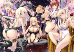 Rule 34 | 10s, 6+girls, alcohol, alternate costume, anchor hair ornament, animal ears, aqua eyes, arched back, arm support, armadillo-tokage, armpits, ass, backless outfit, bare legs, bare shoulders, bent over, between breasts, between legs, bismarck (kancolle), black gloves, black leotard, blonde hair, blue eyes, blunt bangs, boots, bow, bowtie, breasts, brown eyes, brown hair, chair, cherry blossoms, cleavage, clothing cutout, covered navel, cross, cup, detached collar, detached sleeves, drinking glass, fake animal ears, from behind, gloves, graf zeppelin (kancolle), grey legwear, groin, hair between eyes, hair ornament, hairband, halterneck, high heel boots, high heels, holding, holding cup, holding drinking glass, iron cross, kantai collection, large breasts, leotard, leotard pull, lips, long hair, looking at viewer, looking back, low twintails, medium breasts, multiple girls, navel, navel cutout, necktie, necktie between breasts, open mouth, partially visible vulva, playboy bunny, prinz eugen (kancolle), rabbit ears, rabbit tail, serious, short hair, sideboob, sidelocks, silver hair, simple background, sitting, skindentation, small breasts, smile, spread legs, straight hair, tail, thighhighs, thighs, tongue, tongue out, tray, tsurime, twintails, u-511 (kancolle), white background, white legwear, white leotard, wine, wine glass, wrist cuffs, z1 leberecht maass (kancolle), z3 max schultz (kancolle)