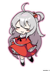 Rule 34 | 1girl, absurdres, ahoge, artist name, chibi, closed eyes, dated, dress, full body, grey hair, hair bobbles, hair ornament, highres, light smile, long hair, one-hour drawing challenge, one side up, red dress, shinki (touhou), signature, simple background, smile, solo, standing, standing on one leg, touhou, touhou (pc-98), ve1024, very long hair, white background, white hair