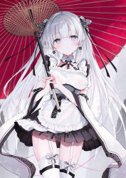 Rule 34 | 1girl, apron, black ribbon, breasts, closed mouth, collarbone, commentary request, cowboy shot, dot mouth, earrings, hair ribbon, hands up, head tilt, high collar, highres, holding, holding umbrella, impossible clothes, jewelry, large breasts, layered sleeves, leg ribbon, long hair, looking at viewer, nanananana, no panties, original, own hands together, pleated skirt, pleated sleeves, purple eyes, ribbon, see-through, see-through skirt, short sleeves, skirt, solo, sweat, tareme, thigh strap, thighhighs, thighs, transparent breasts pads, twintails, two-tone ribbon, umbrella, very long hair, white apron, white background, white hair, white ribbon, white thighhighs