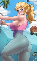 Rule 34 | 1boy, 1girl, 1other, absurdres, ass, bare shoulders, blonde hair, blue eyes, blue male swimwear, blue swim trunks, blush, breasts, brown hair, cloud, echo saber, goomba, highres, huge ass, large breasts, long hair, looking at viewer, looking back, male swimwear, mario, mario (series), nintendo, one-piece swimsuit, outdoors, partially submerged, partially underwater shot, pink one-piece swimsuit, ponytail, pool, princess peach, shiny skin, short hair, shorts, sideboob, sky, smile, sunglasses, super mario bros. 1, swim trunks, swimsuit, thick thighs, thighs, tree, underwater, water, wide hips