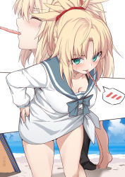 Rule 34 | 1girl, bare legs, beach, black legwear, blonde hair, blush, bow, braid, breasts, cleavage, cloud, collarbone, commentary request, day, fate/grand order, fate (series), food, food in mouth, green eyes, hand on own hip, looking at viewer, medium breasts, mordred (fate), mordred (swimsuit rider) (second ascension) (fate), multiple views, ocean, parted bangs, ponytail, red scrunchie, sailor senshi uniform, school uniform, scrunchie, serafuku, shirt, shiseki hirame, short hair, solo focus, speech bubble, standing, water