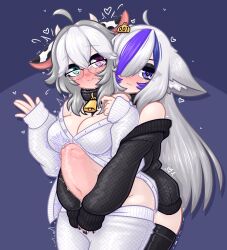 Rule 34 | 1futa, 1girl, ahoge, animal ears, bell, blue eyes, blue hair, blush, breasts, collar, commentary, cow ears, cow girl, cow horns, cowboy shot, ear tag, english commentary, futa with female, futanari, glasses, grey hair, hair between eyes, hair over one eye, heart, heart-shaped pupils, heterochromia, highres, horns, hug, hug from behind, huge penis, large insertion, limebreaker, long hair, long sleeves, looking at viewer, medium breasts, medium hair, mole, mole under eye, mole under mouth, multiple girls, navel, neck bell, original, penis, purple eyes, sex, sex from behind, smile, standing, standing sex, stomach bulge, sweat, sweater, symbol-shaped pupils, thighhighs, trembling, waving