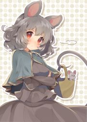 Rule 34 | 1girl, animal ears, basket, blush, capelet, crossed arms, grey hair, highres, holding, holding with tail, long sleeves, looking at viewer, mouse (animal), mouse ears, mouse tail, nazrin, polka dot, polka dot background, prehensile tail, red eyes, shirt, short hair, skirt, skirt set, solo, tail, touhou, usamata