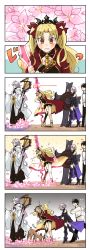 Rule 34 | 2boys, 2girls, ahoge, animal, black hair, black pants, blonde hair, blush, boots, cape, chaldea uniform, comic, commentary request, deer, dress, earrings, ereshkigal (fate), fate/grand order, fate (series), flower, fujimaru ritsuka (male), hair ribbon, high heels, highres, hood, jewelry, long hair, long sleeves, mash kyrielight, merlin (fate), misuko (sbelolt), multiple boys, multiple girls, open mouth, pants, parted bangs, pink flower, purple cape, purple hair, red cape, red eyes, ribbon, robe, short hair, silent comic, skull, sparkle, staff, surprised, sweat, sweatdrop, nervous sweating, sword, tears, thigh boots, thighhighs, tiara, two side up, wavy mouth, weapon, white hair
